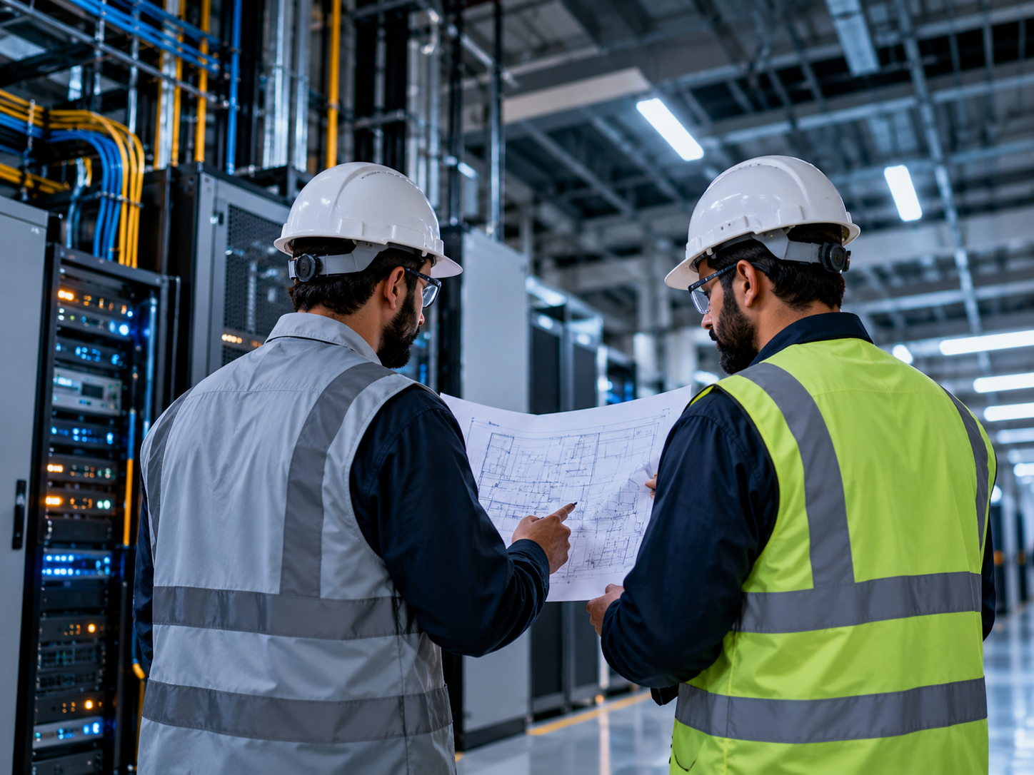 فريق هندسي يراجع المخططات داخل بيئة تقنية